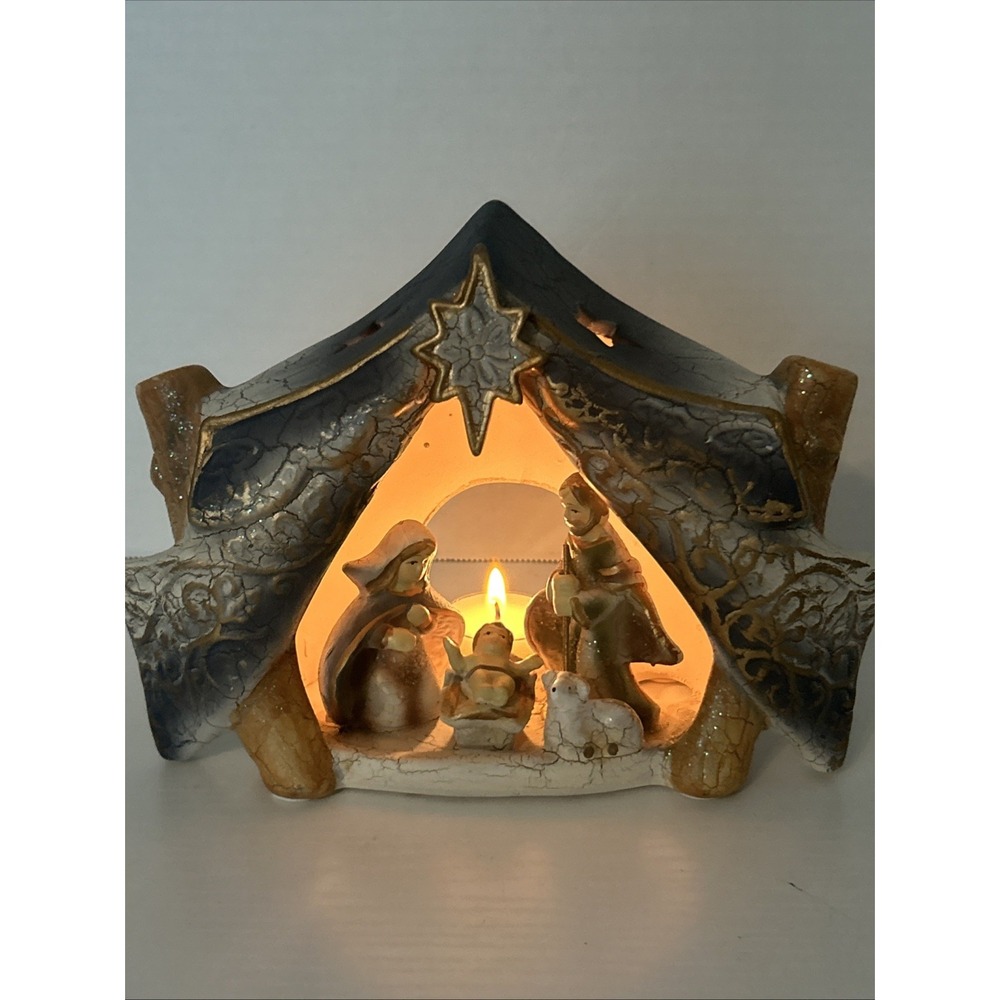 Christmas Nativity Tealight Crackled Ceramic Candleholder‎ Manger Nativity Scene